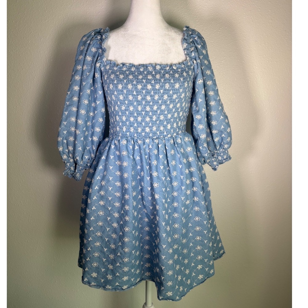 Blue Cotton Cottagecore Floral Eyelet Mini Dress Smocked Puff Sleeve Kourt M